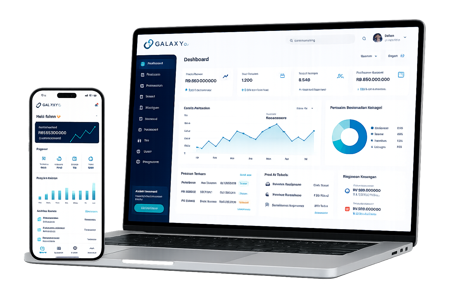 Mockup Aplikasi Mobile dan Dashboard Manajemen Bisnis GALAXY.co